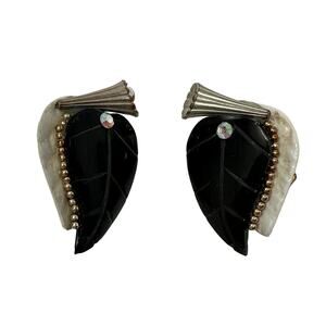 VTG Fired Fantasies Clay Shell Earrings Rhinestone Accents Black White Clip On